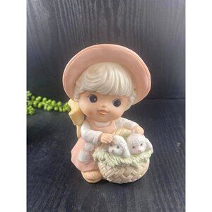 HOMCO Girl with Dogs Lambs Sheep Basket Pink Bonnet 1418 Country Girl 1418